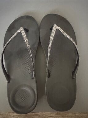 Fitflop Women's Black Comfort Flip Flops with Silver Embellished Straps